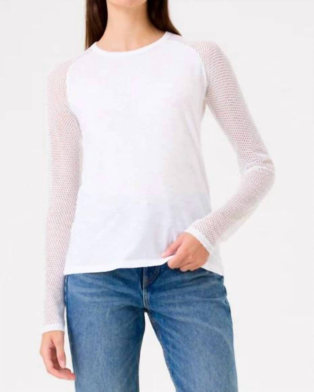 NEW GOLDIE saddle fishnet long sleeve crew top in white